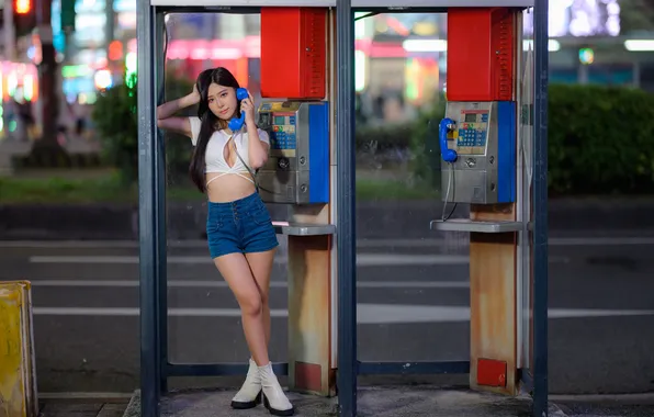 Long hair, model, women, asian, dark hair, phone box