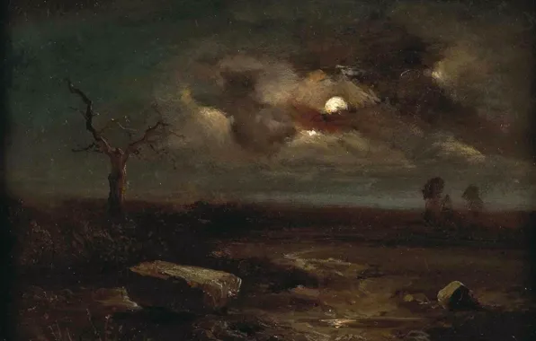 Picture night, stones, tree, Landscape, Carl Gustav Carus, in the moonlight