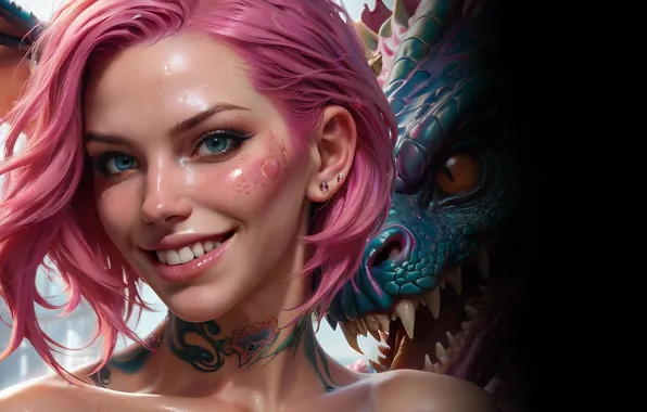 Girl, dragon, pink hair