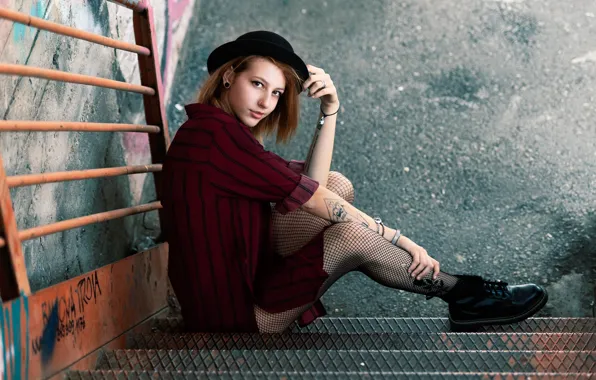 Girl, hat, tattoo, stage, legs