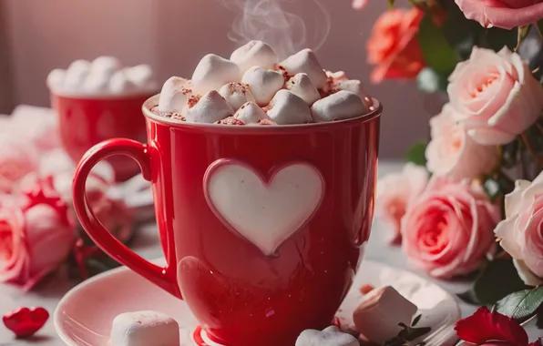 Flowers, table, holiday, heart, hot, roses, bouquet, heart