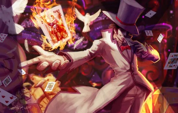 Card, fire, hat, art, pigeons, male, League of Legends, LoL