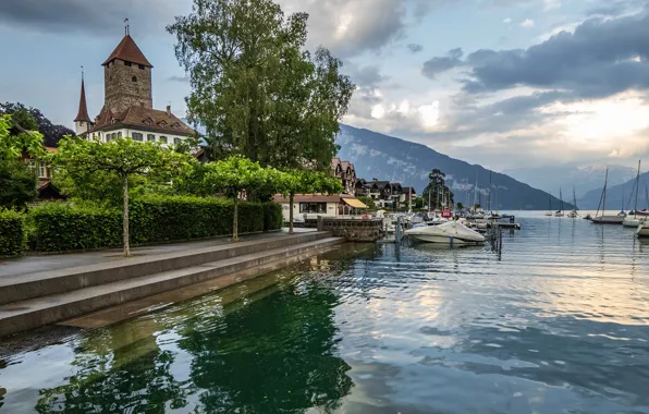 Picture the sky, clouds, mountains, lake, Switzerland, pier