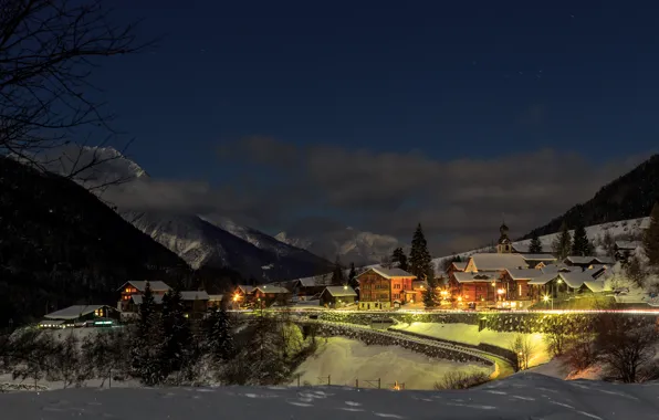 Picture winter, forest, snow, trees, mountains, night, lights, home