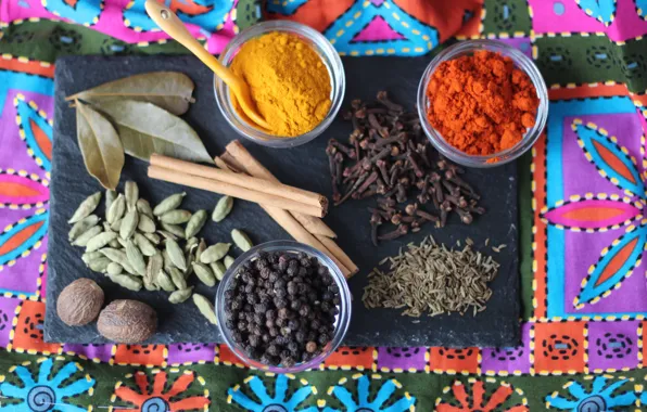 Fabric, pepper, cinnamon, bright colors, a lot, different, carnation, spices