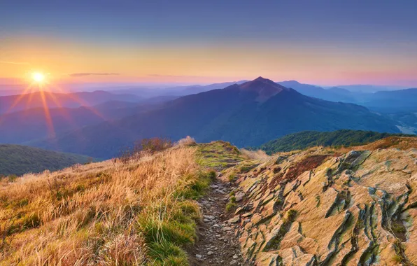 Sky, landscape, nature, Sun, sunset, mountains, path, sun rays