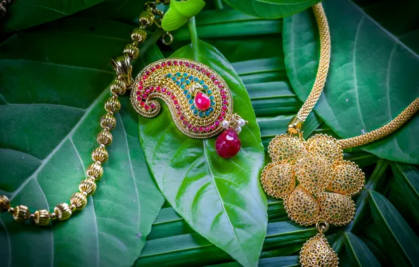 Leaves, decoration, stones, gold, pendant, jewelry, necklace, jewelry
