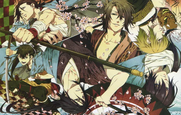 Katana, petals, Sakura, mask, Japanese clothing, samurai, demons pale cherry, hakuouki shinsengumi kitano