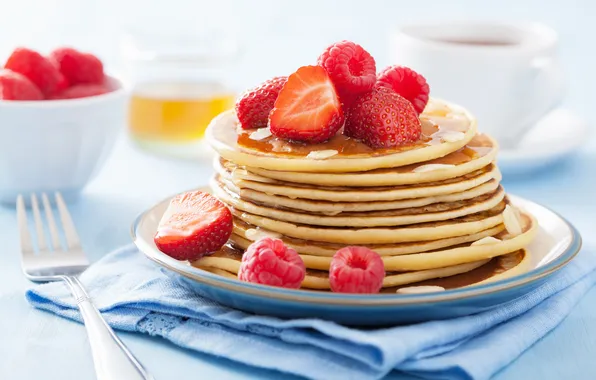 Picture berries, raspberry, food, Breakfast, strawberry, honey, honey, pancakes