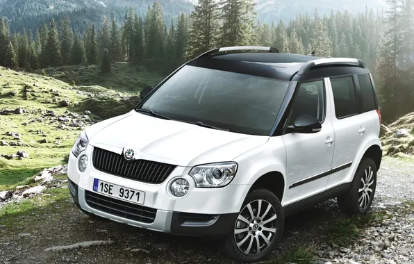 Picture white, trees, mountains, nature, the front, Yeti, crossover, Skoda