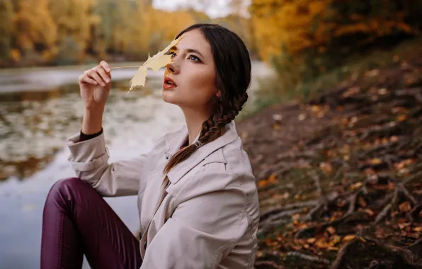 Picture autumn, leaves, water, branches, Girl, sitting, Disha Shemetova, Katherine Monich