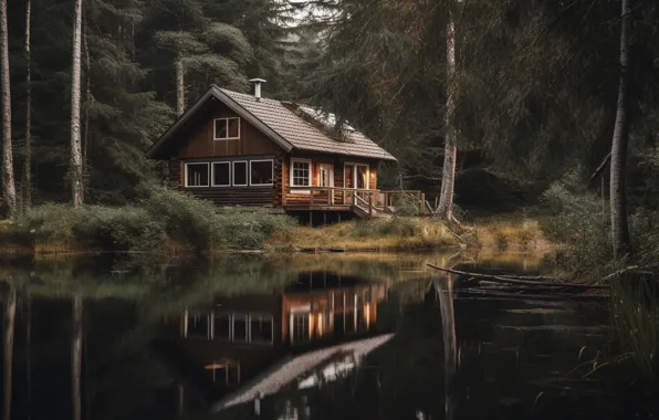 Forest, trees, landscape, nature, lake, house, pond, reflection
