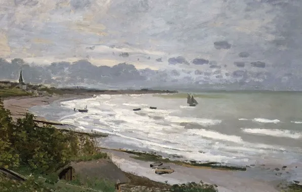 Sea, landscape, shore, boat, picture, Claude Monet, The beach at Sainte-Adresse