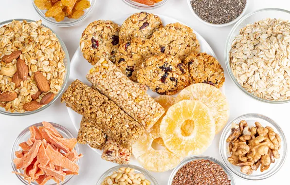 Pineapple, nuts, cakes, muesli, dried fruits, brittle
