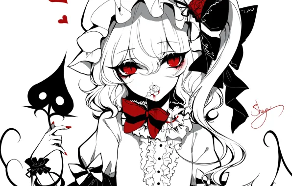 Girl, blood, roses, hearts, red eyes, Touhou, Flandre Scarlet, Touhou