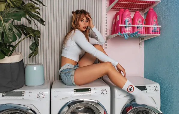 Shorts, model, women, brunette, plants, sitting, socks, washing machine