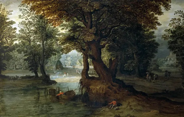 Forest, trees, landscape, house, boat, picture, fisherman, Jan Brueghel the younger