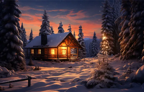 Winter, forest, snow, mountains, night, nature, house, house