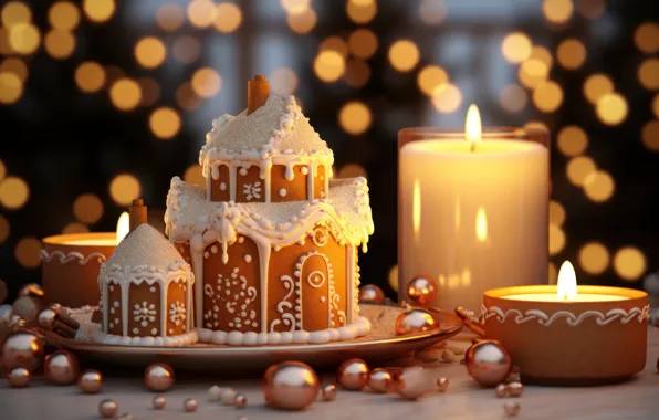 Winter, snow, house, pattern, candles, cookies, Christmas, sweets