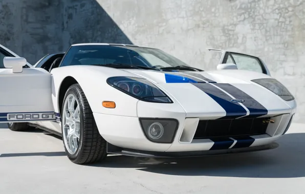 White, Supercar, The Front Headlights, Blue stripes, 2005 Ford GT