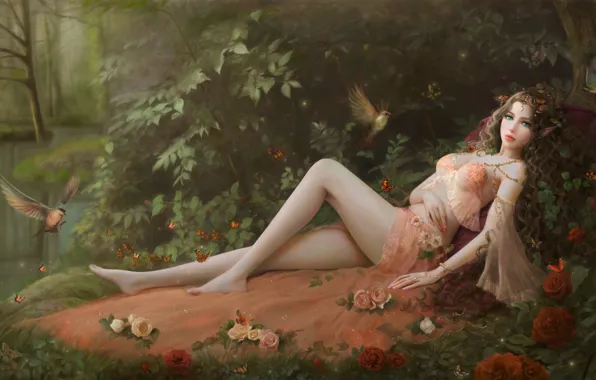 Picture forest, girl, flowers, birds, figure, roses, dress, fairy