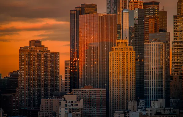 Sunset, the city, building, skyscrapers, New York, New York City