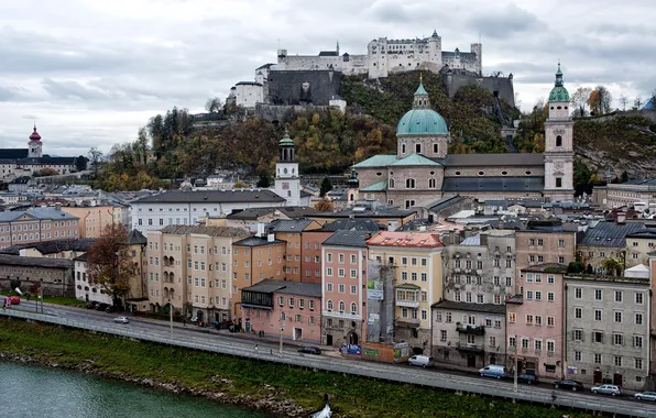 The sky, river, castle, mountain, home, Austria, Salzburg