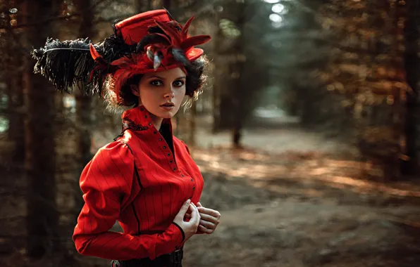 Picture look, girl, face, Park, portrait, hat, feathers, dress, hairstyle, light, the beauty, nature, sunset, art, …