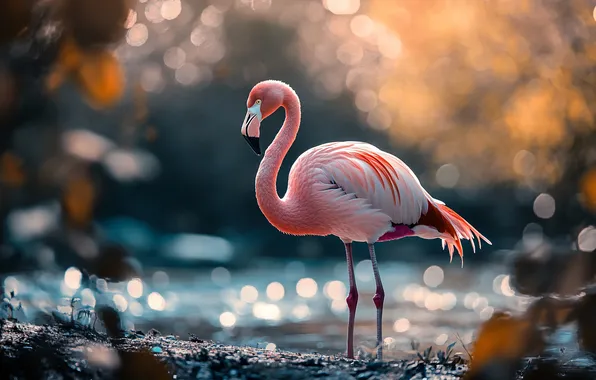 Light, nature, bird, shore, Flamingo, pond, bokeh, pink flamingos