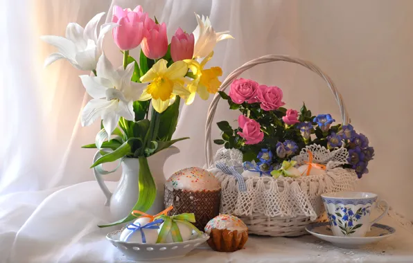 Picture flowers, roses, eggs, Easter, tulips, cake, daffodils