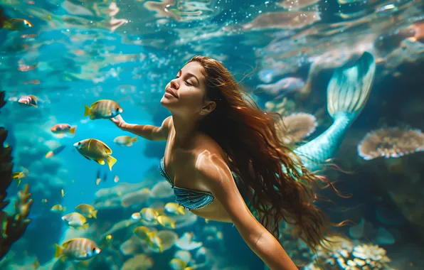 Picture Fish, Girl, Mermaid, Hair, Underwater world, Tail, Digital art, AI art