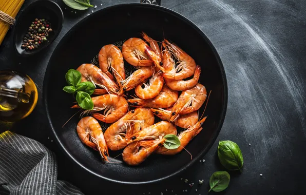 Leaves, the dark background, table, oil, pepper, shrimp, spices, pan