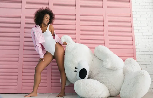 Picture white, toy, woman, young, teddy, stylish, trendy, mulatto woman