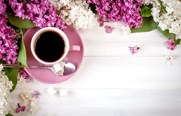 Flowers, wood, flowers, lilac, coffee cup, lilac, a Cup of coffee