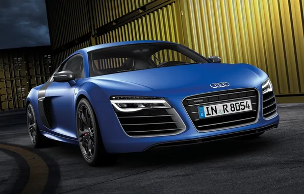 Blue, the city, background, Audi, Audi, supercar, the front, containers