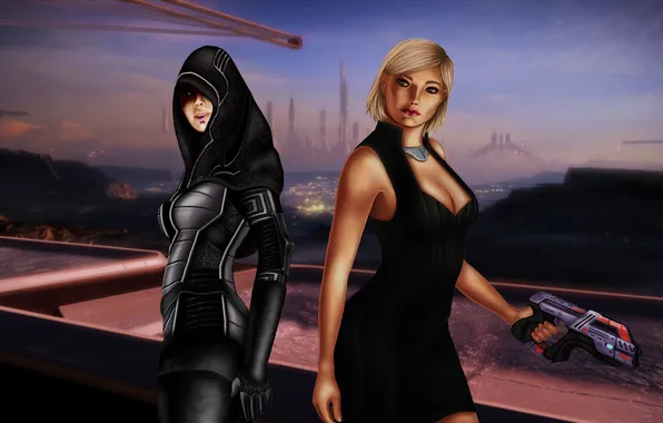 Weapons, girls, Mass Effect 2, Shepard, fan art, Kasumi, Shepard, Profit