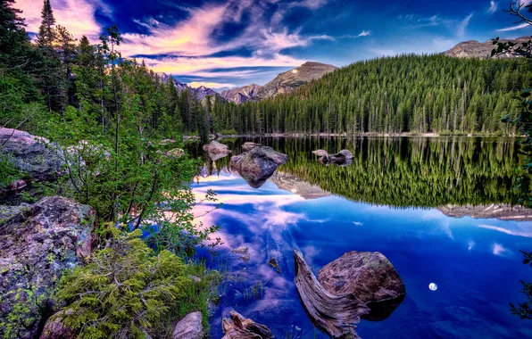 Forest, clouds, reflection, mountains, lake