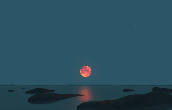 Sea, the sky, night, stones, The moon, horizon
