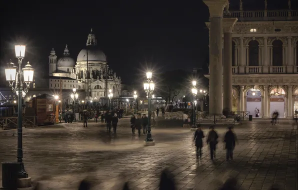 Night, lights, Italy, Venice, columns, Piazzetta