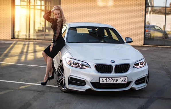 Picture bmw, model, women, blonde, high heels, black dress, heeled shoes, white bmw