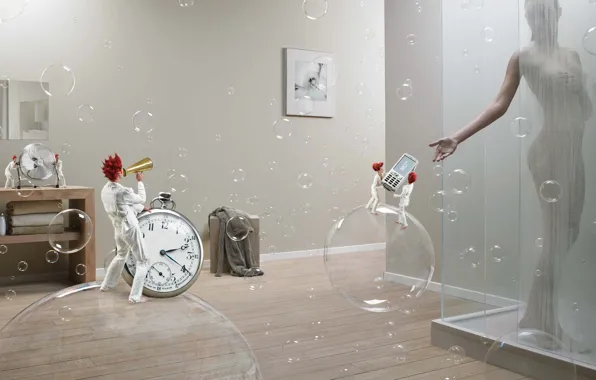 Girl, bubbles, watch, fan, shower, phone, call, assistants