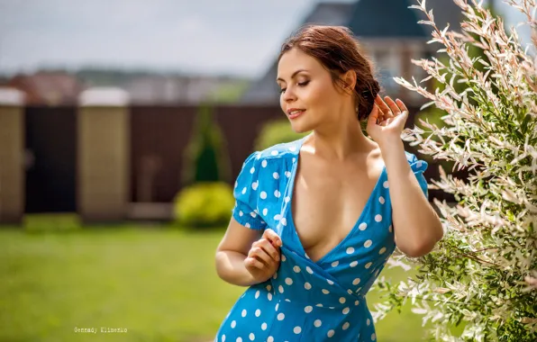 Picture girl, branches, pose, mood, polka dot, hands, dress, neckline