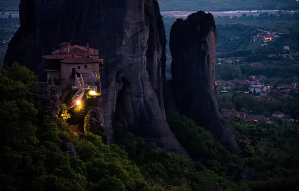 Landscape, night, nature, rocks, Greece, the monastery, Meteors, Meteor