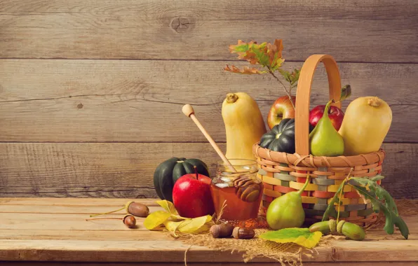 Picture leaves, basket, apples, honey, Bank, pumpkin, fruit, vegetables
