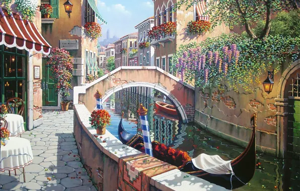 Picture summer, flowers, Italy, Venice, channel, San Marco, painting, Italy