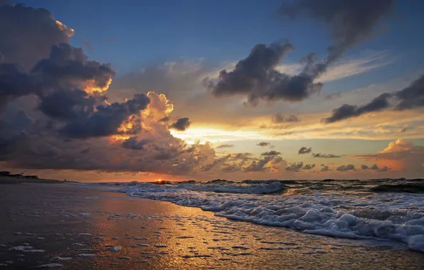 Sea, wave, beach, foam, clouds