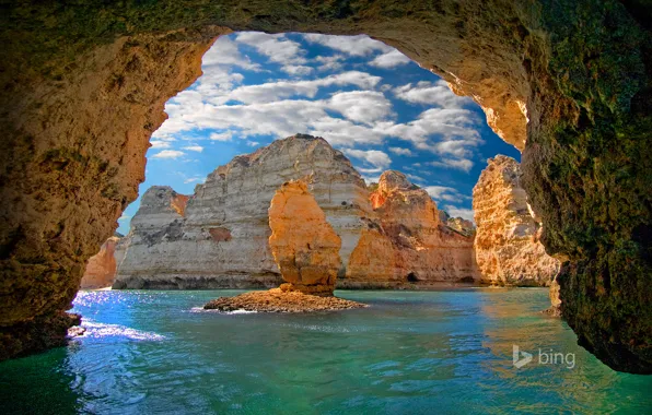 Sea, the sky, clouds, rocks, arch, cave, Portugal, the grotto