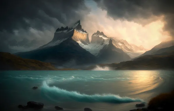 Sea, wave, clouds, snow, landscape, mountains, clouds, nature