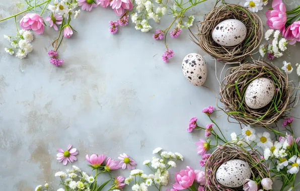 Flowers, eggs, spring, colorful, Easter, flowers, spring, Easter