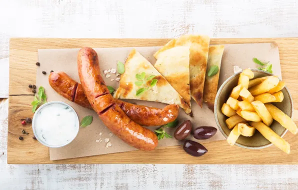 Bread, sauce, olives, appetizer, potatoes, sausages